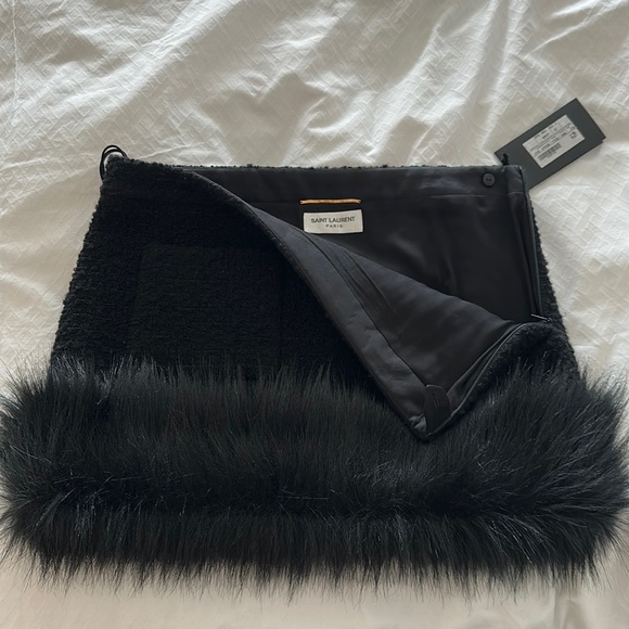 New with tags SAINT LAURENT Mini Skirt in Boucle Tweed with Faux-Fur - Picture 7 of 12
